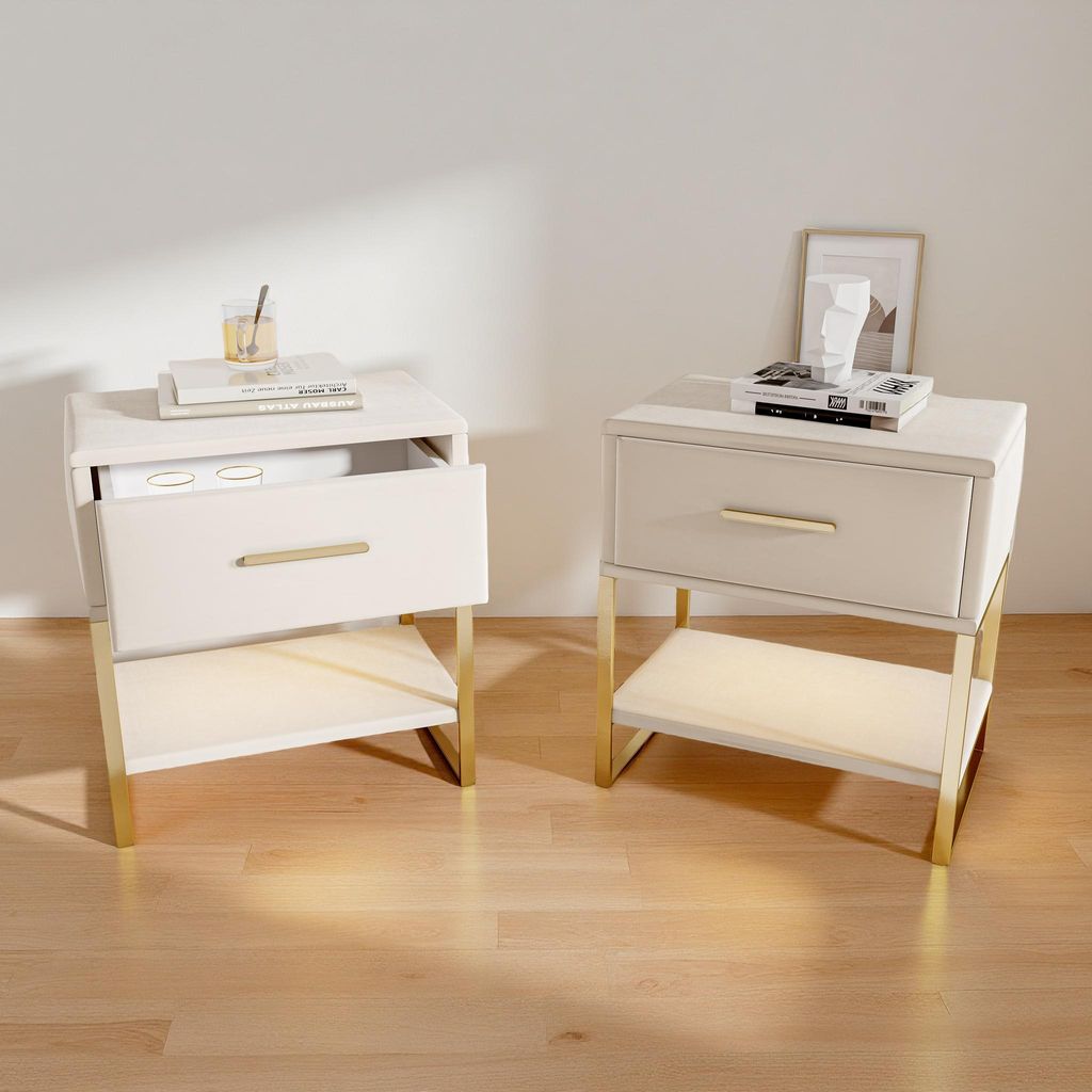 UnboxG 2er Set Nachttische aus Samt in Beige, LED-Beleuchtung, mit Schublade – Nachtschrank 40x31x50cm, Modernes Design für Schlafzimmer