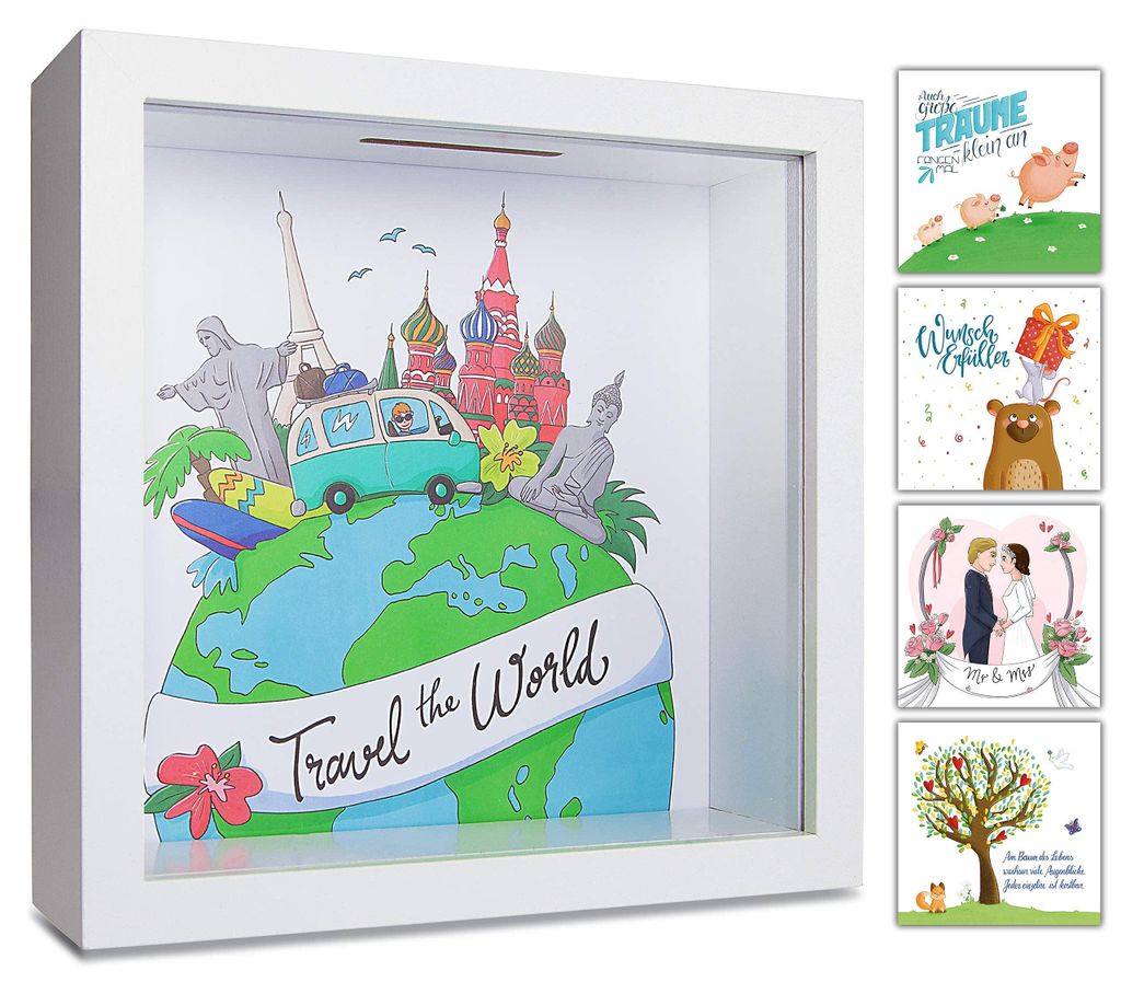 Reise-Sparschwein, Design „Reise um die Welt“, Urlaubsgeld, Reise-Sparschwein, Geschenkverpackung, Spardose, Dekogeschenk, 3D-Rahmen zum Befül...