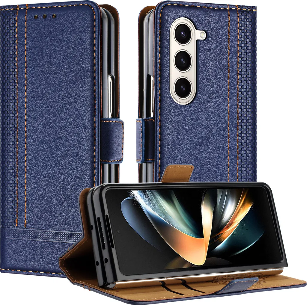 Custodia per Samsung Galaxy Z Fold 5 in pelle con funzione di supporto blu