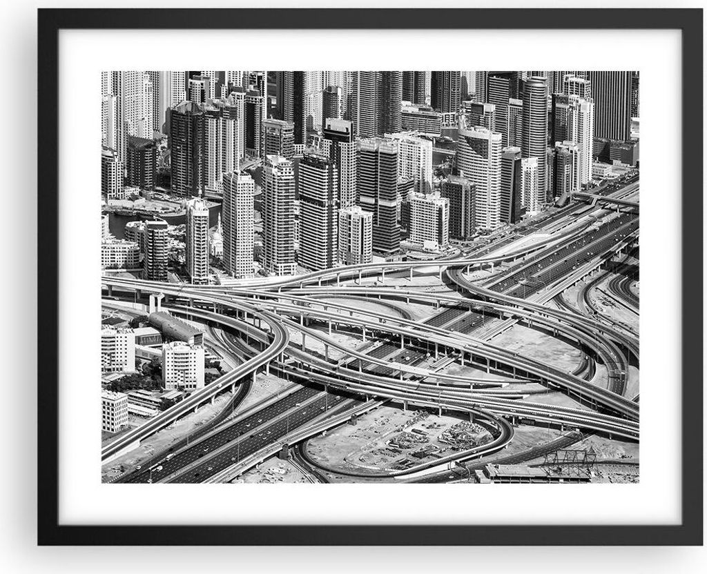 Gerahmtes Poster - Schwarzer Rahmen - Stadt Wolkenkratzer Autobahn - 50x40 cm - Wand Bild - Wanddeko - Wandbilder - Kunstposter - Wandposter - Bild...