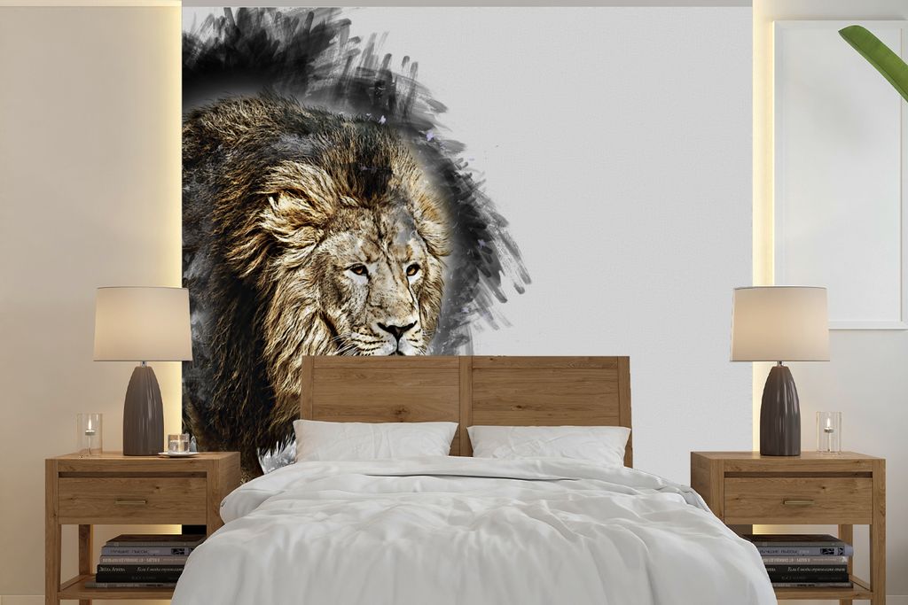 MuchoWow Fototapete für Wohnzimmer oder Schlafzimmer Wandtapete Vinyl Motivtapete Löwe - Farbe - Schwarz - Weiß - 240x240 cm - Schlafzimmer-Ta...