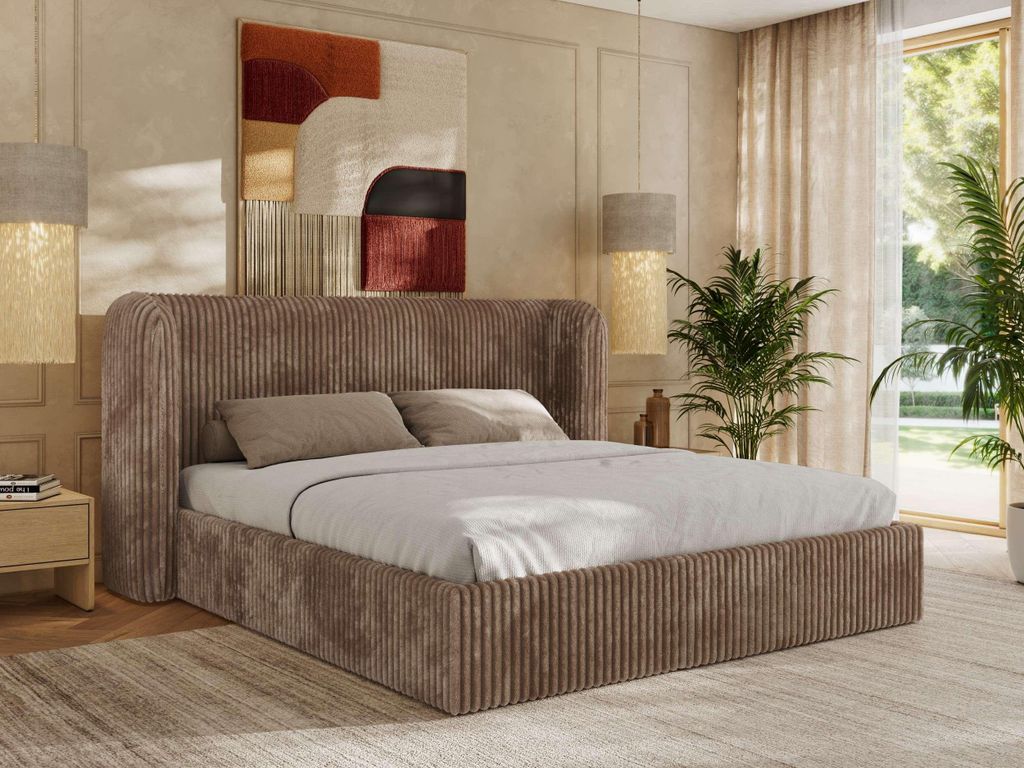 MKS MEBLE Doppelbett Polsterbett EMORA CLASSIC Bett Holzgestell hohes Kopfteil Pocket Matratze VIRE LUX 200x200 Braun Cord