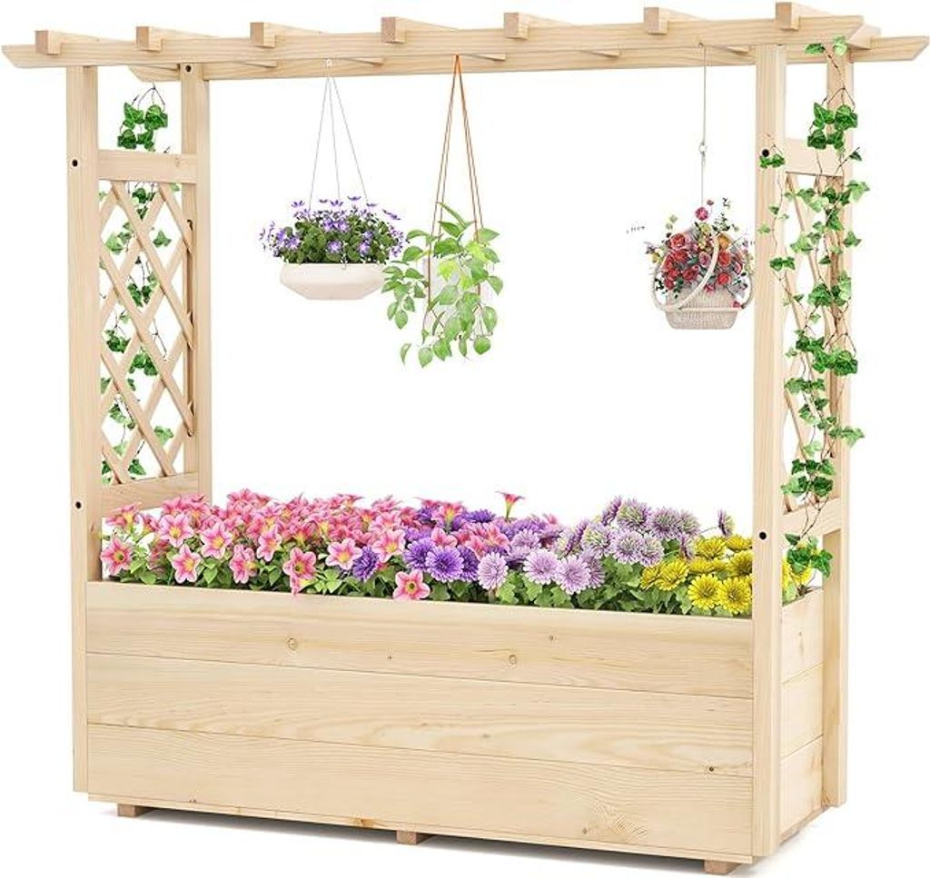 Erhöhter Pflanzkasten mit Rankgitter, Hochbeet mit Hängedach, Entwässerungslöchern, für Kletterpflanzen, Blumen, Gemüse, Holzgemüsegarten, N...