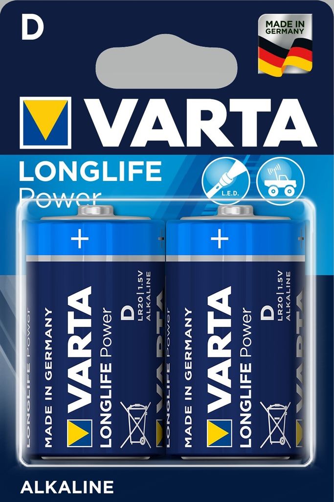A retail package of Varta Longlife Power D batteries.