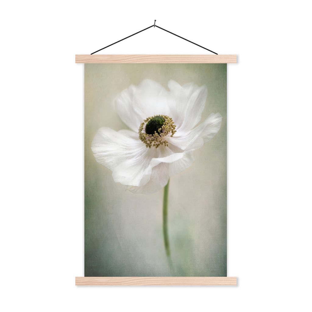 MuchoWow Textilposter Blumen - Natur - Anemone - Weiß 40x60 cm mit holzfarbenen Rahmen - Poster