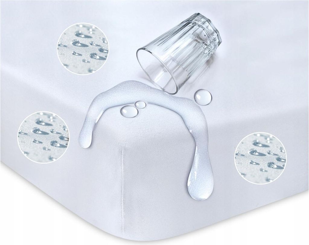 A white fitted sheet with water spilled on it, demonstrating its waterproof feature. Close-up insets show water droplets on the fabric.