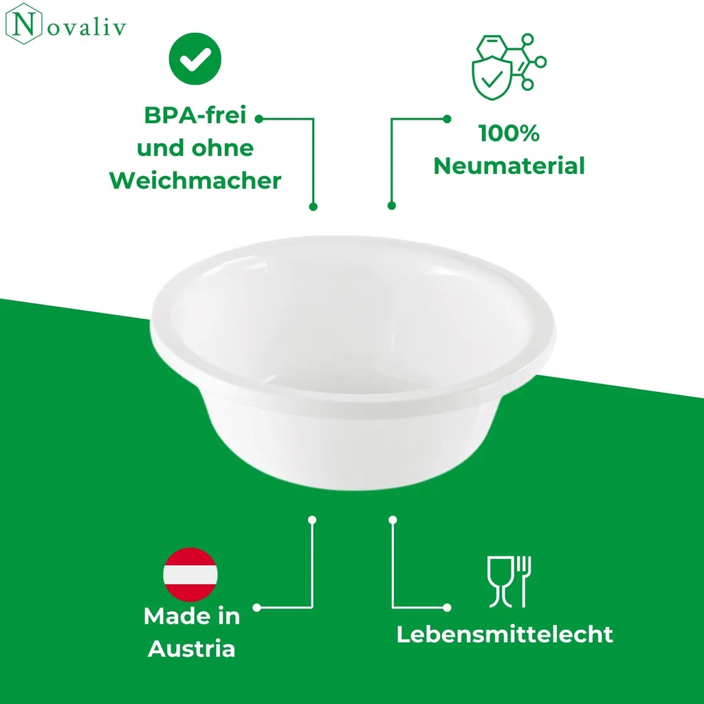 Novaliv 4x ciotola per lavastoviglie rotonda 5L, D32 cm, bianca, senza BPA e lavabile in lavastoviglie - Ideale per la cucina e il campeggio, ciotola rotonda in plastica, ciotola rotonda in plastica, ciotola per lavare, ciotola in plastica, ciotola in plastica - 5