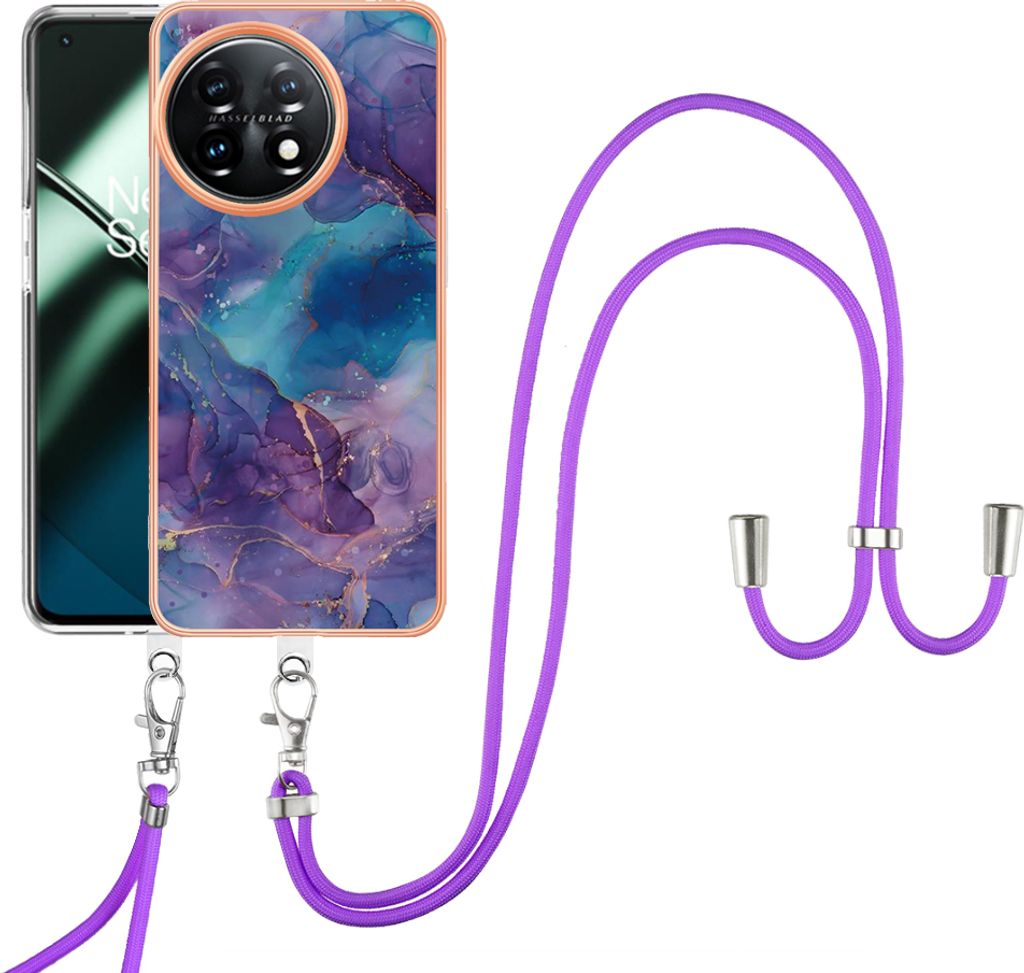 OnePlus 11 Handykette Hülle, Muster TPU Bumper Schutzhülle mit verstellbarem Tragegurt für OnePlus 11 Lila