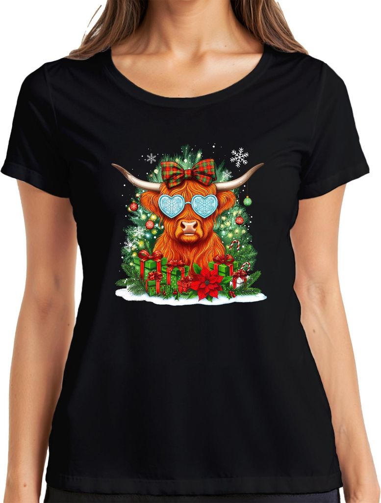 Highland Kuh Weihnachten Herz Sonnenbrille Schleife lustig Retro Damen T-Shirt, Schwarz, L