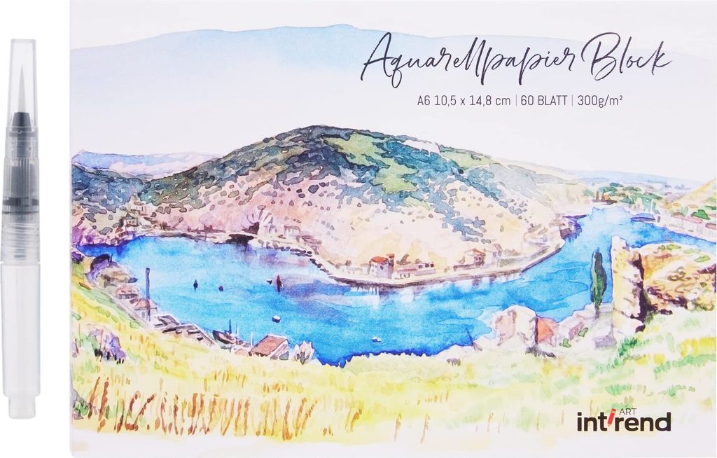 A watercolor painting of a bay with hills and buildings, next to a watercolor brush pen.