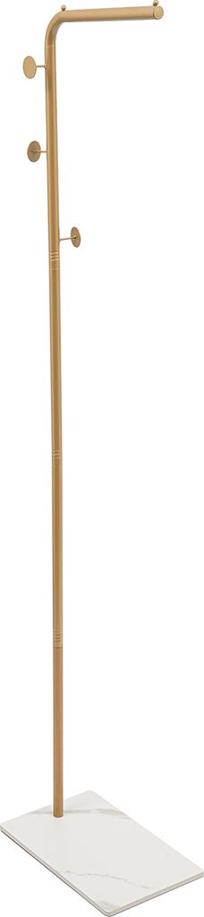 A freestanding coat rack with hooks on a white base.