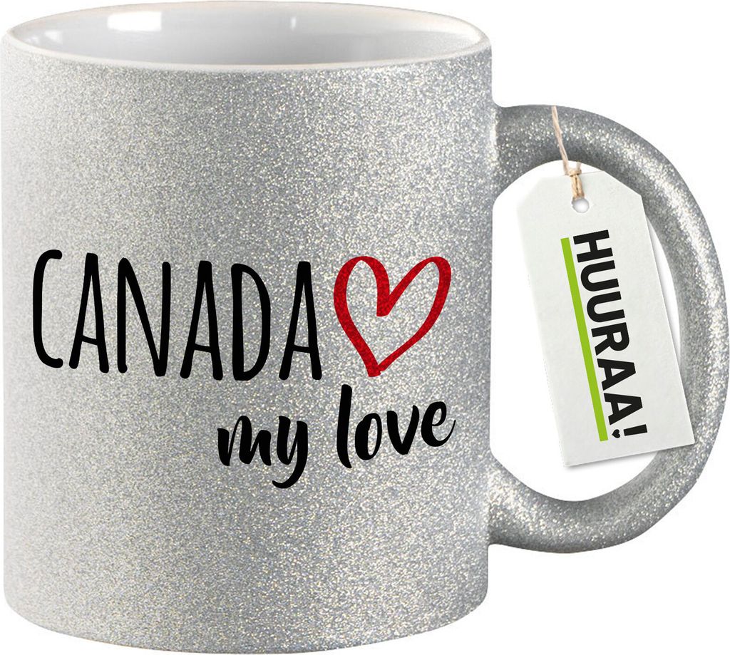 Huuraa Glitzertasse Canada my love 330ml Silber Keramik Kaffeebecher Geschenkidee