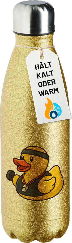 Huuraa Glitzerflasche Quietscheente Fitness-Trainer Gummiente für Coach Geschenk 500ml Gold Wasserflasche Quietscheente Fitness-Trainer Mitbringsel