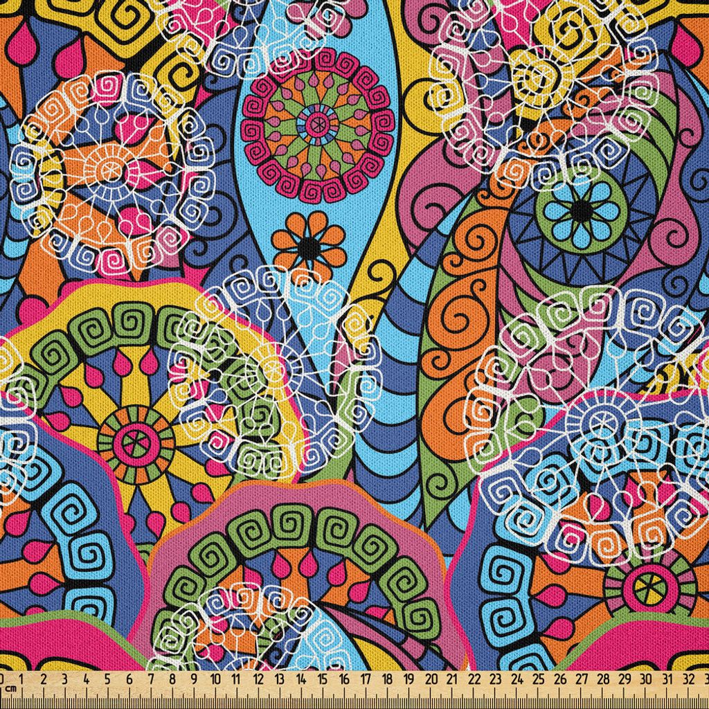 ABAKUHAUS Blumen Microfaser Stoff als Meterware , Hippie-Art-Zusammenfassung blüht mit aztekischen Stammes- geometrischen Trippy Boho antiken Zahl...