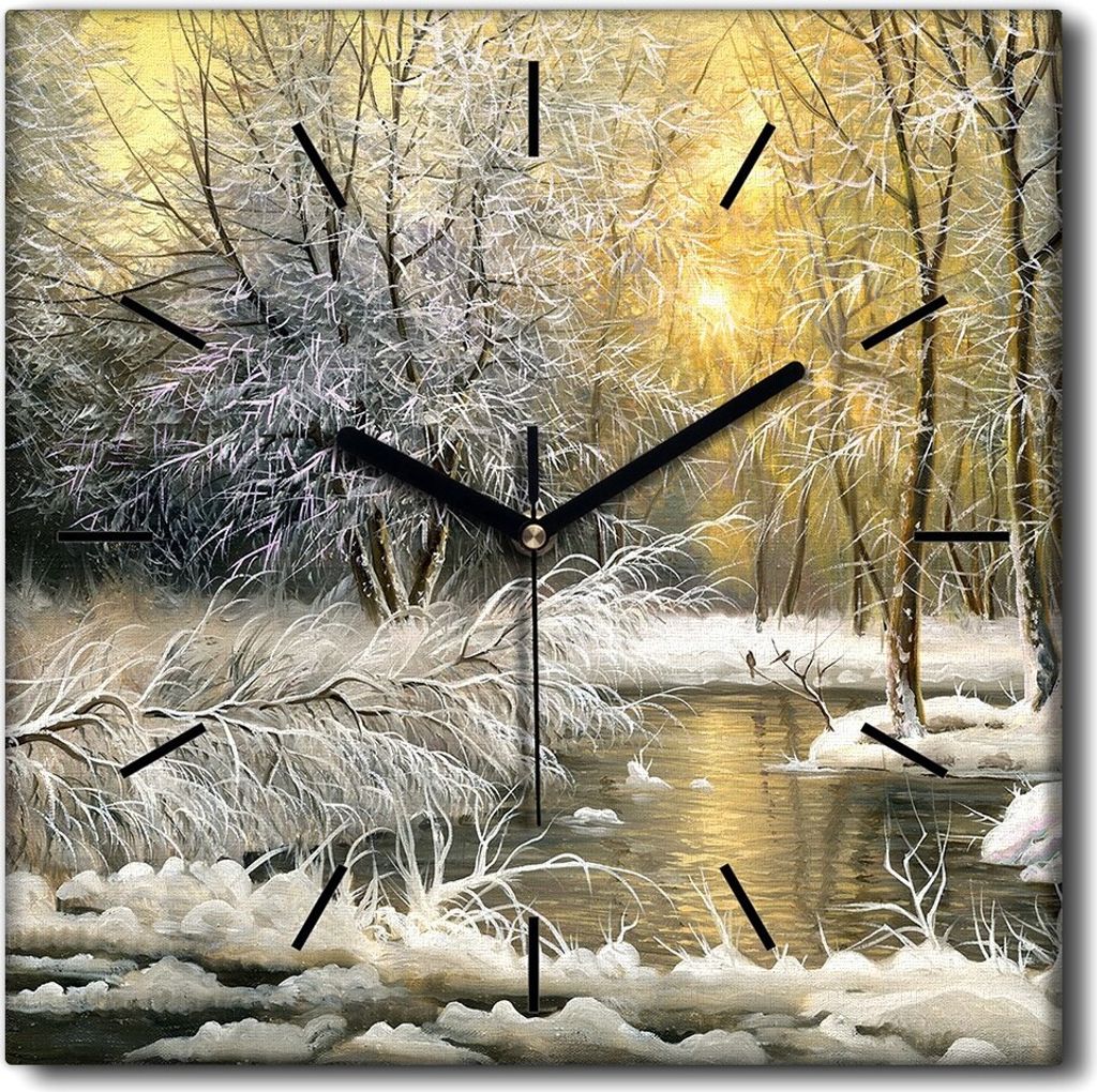 Coloray Uhr auf Leinwand 30x30 cm Wand Uhr Dekoration Wohnzimmer Segeltuch schwarze Hände -Landschaftssee-Wald.