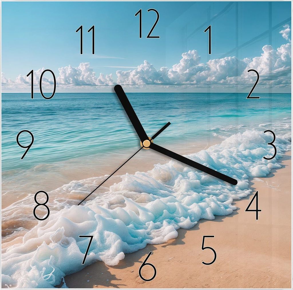Wanduhr aus Glas mit Motiv Strand Surf Wellen- 30 x 30 cm - inkl. Aufhängesystem