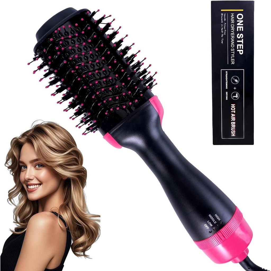 4-in-1 Haartrocknerbürste, Föhn & Warmluftstyler für glatte, frizzfreie Frisuren, Volumen & Glättung wie im Salon, 3 Heizstufen