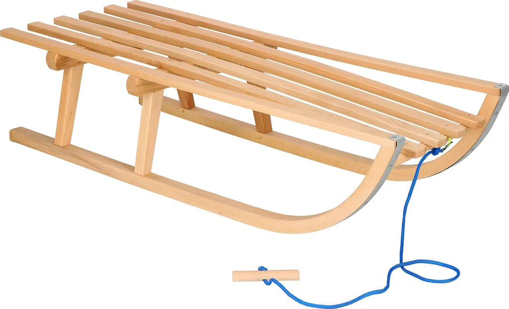 Luge enfant bois de hêtre robuste 90cm avec patins métal et câble
