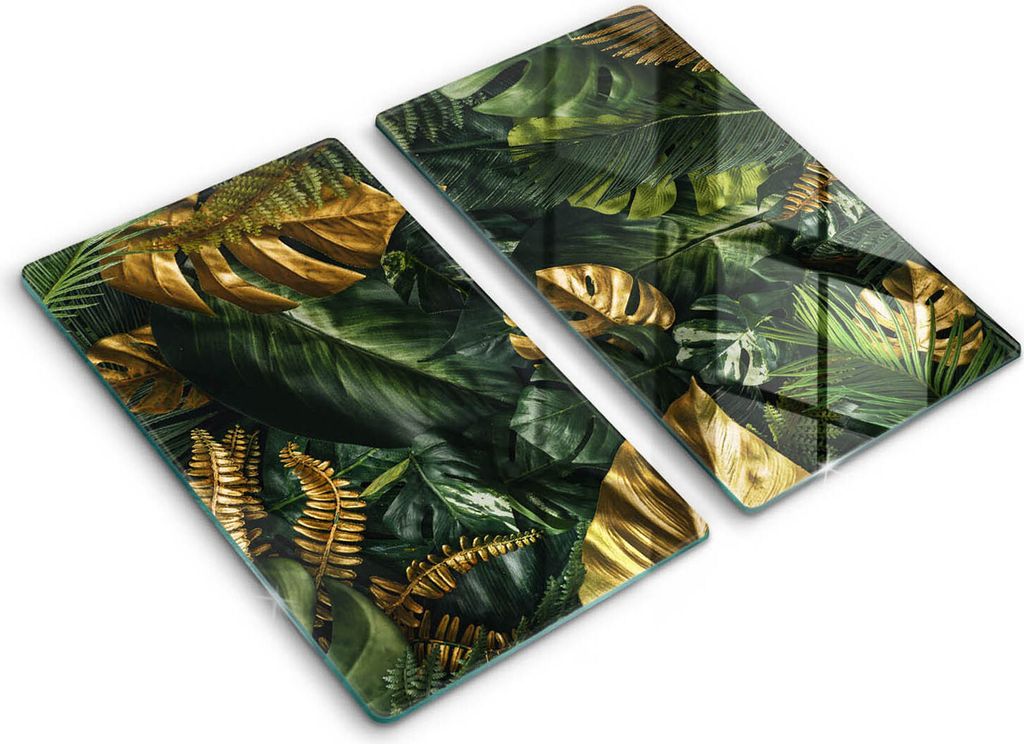 Abdeckung Glas - Küchenabdeckung - 2x30x52 cm - Abdeckplatte -Goldene Monstera-Blätter