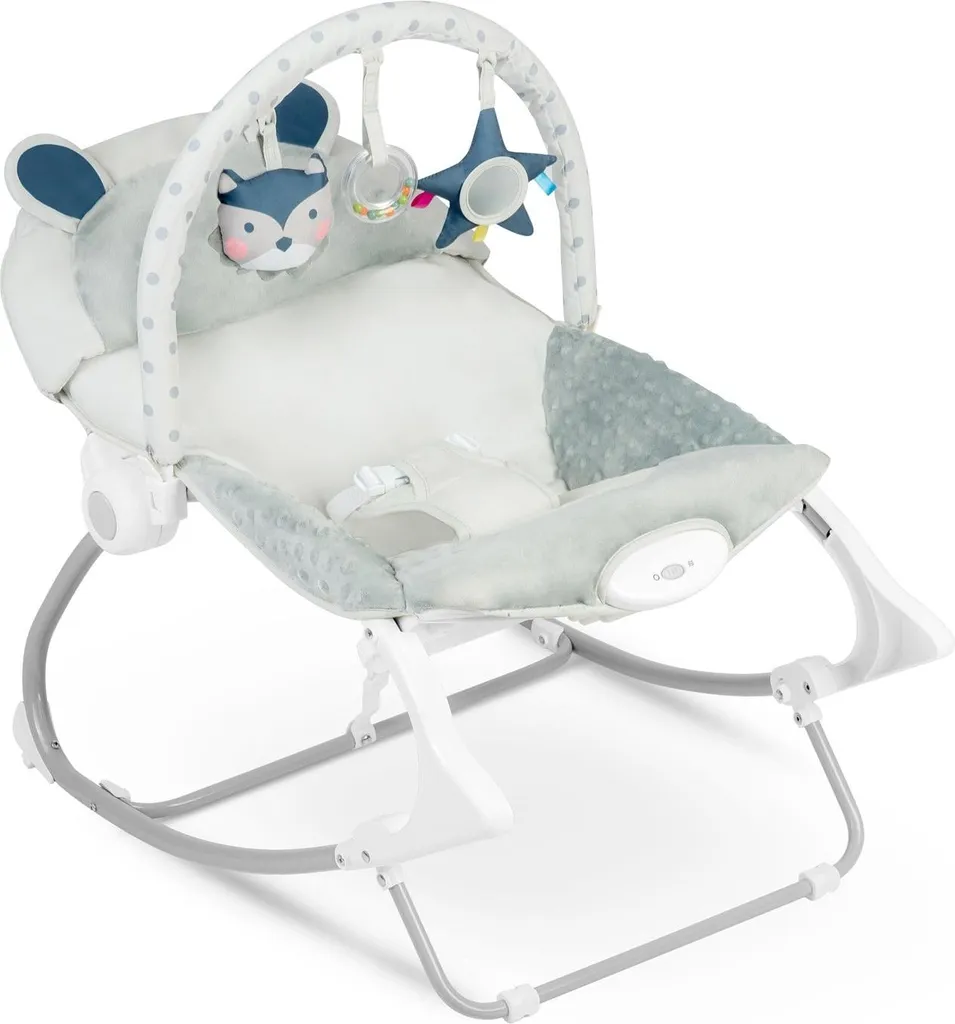 Transat bébé vibrant gris avec tissu doux et sécurité renforcée 0-9kg