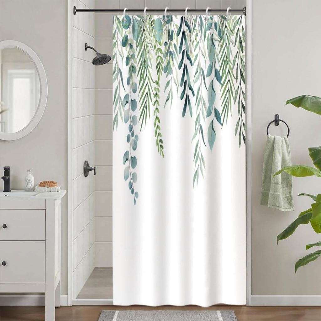 Duschvorhang 90 x 180 cm, schmal, schimmelresistent, Textil mit grünen Eukalyptusblättern, kleiner Duschvorhang, wasserdichtes Polyestergewebe, w...
