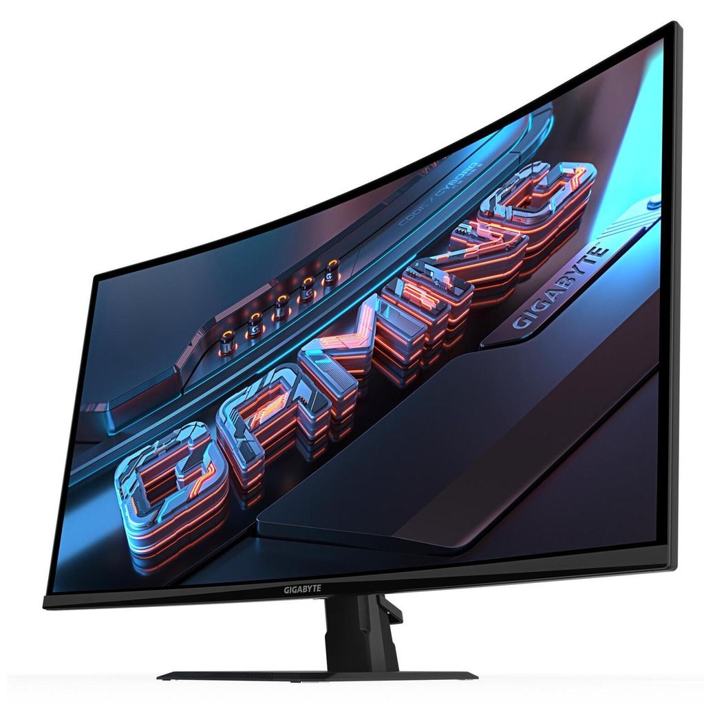 A close-up view of a curved gaming monitor displaying a futuristic, 3D graphic with the word 'GAMING' prominently featured.