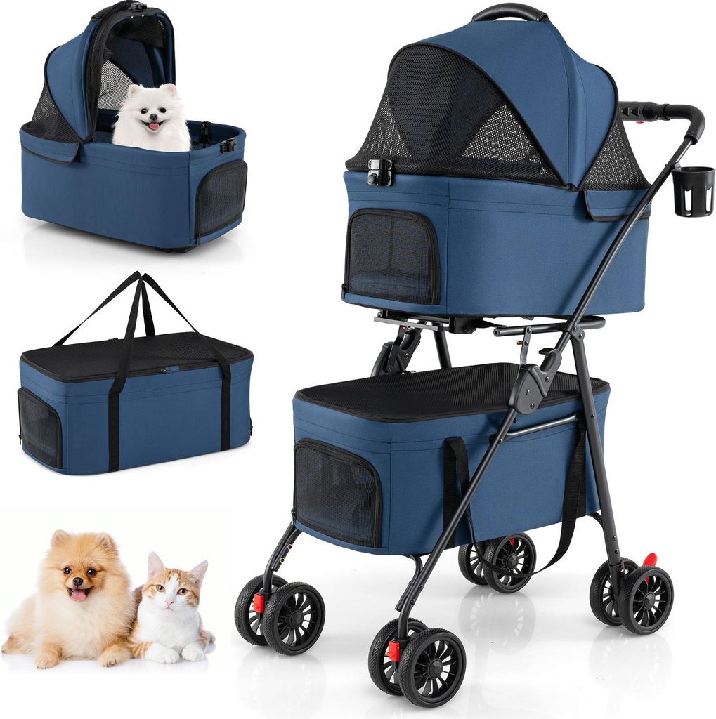 COSTWAY 3 in 1 Hundewagen klappbar, Hundebuggy 2 Etagen, Haustierwagen mit verstellbarem Vordach, Netzfenster & Taschen, Hundebox, für bis 15 kg Blau