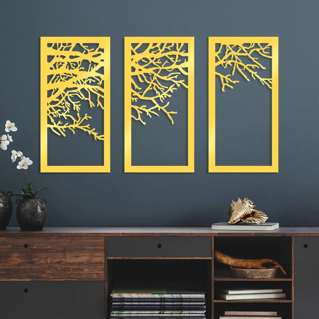 Scultura Parete Metallo Oro Wallity 36x70 - Albero Triplo Dorato 1