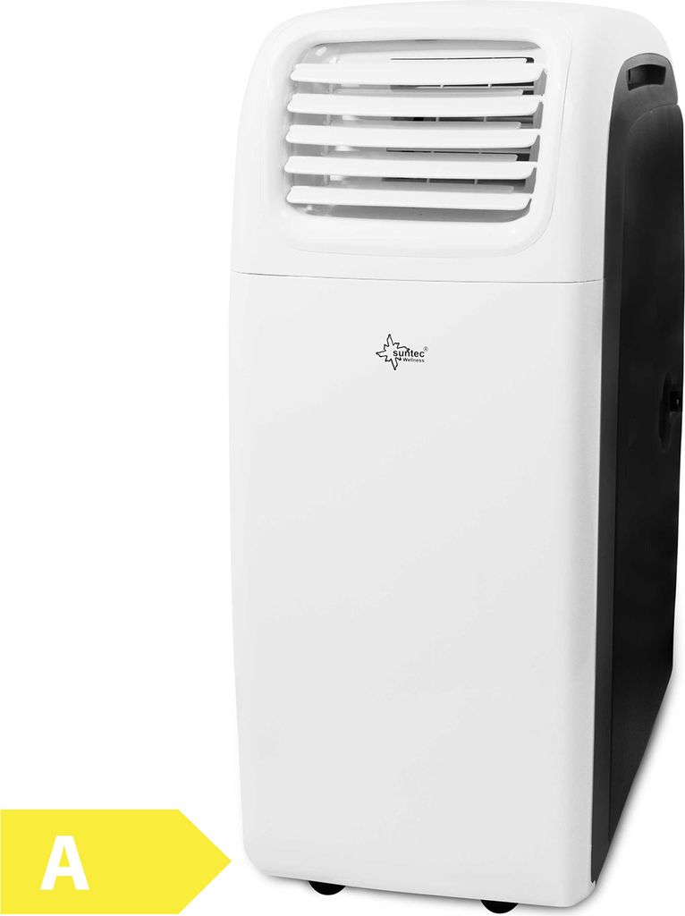 A portable air conditioner with an energy efficiency label in the foreground.