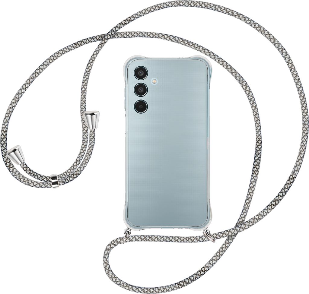 Handykette Backcover-Schutzhülle mit Band (Metall silberfarben) für Samsung Galaxy M35 5G - weiß/grau kariert