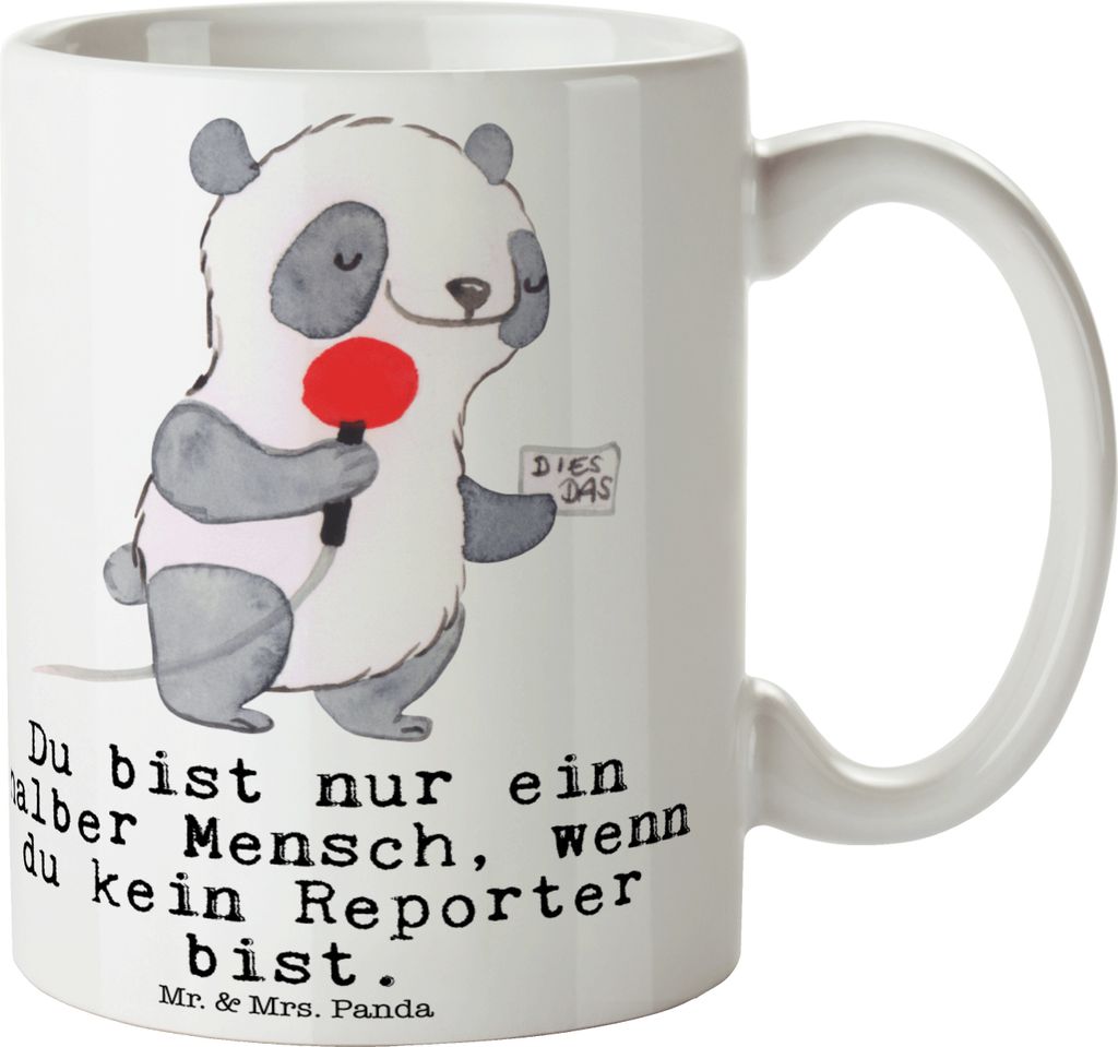 Mr. & Mrs. Panda Bedruckte Tasse Reporter Herz - Weiß - Geschenk, kaffeetasse keramik, Becher, Kaffeebecher, Trinkbecher
