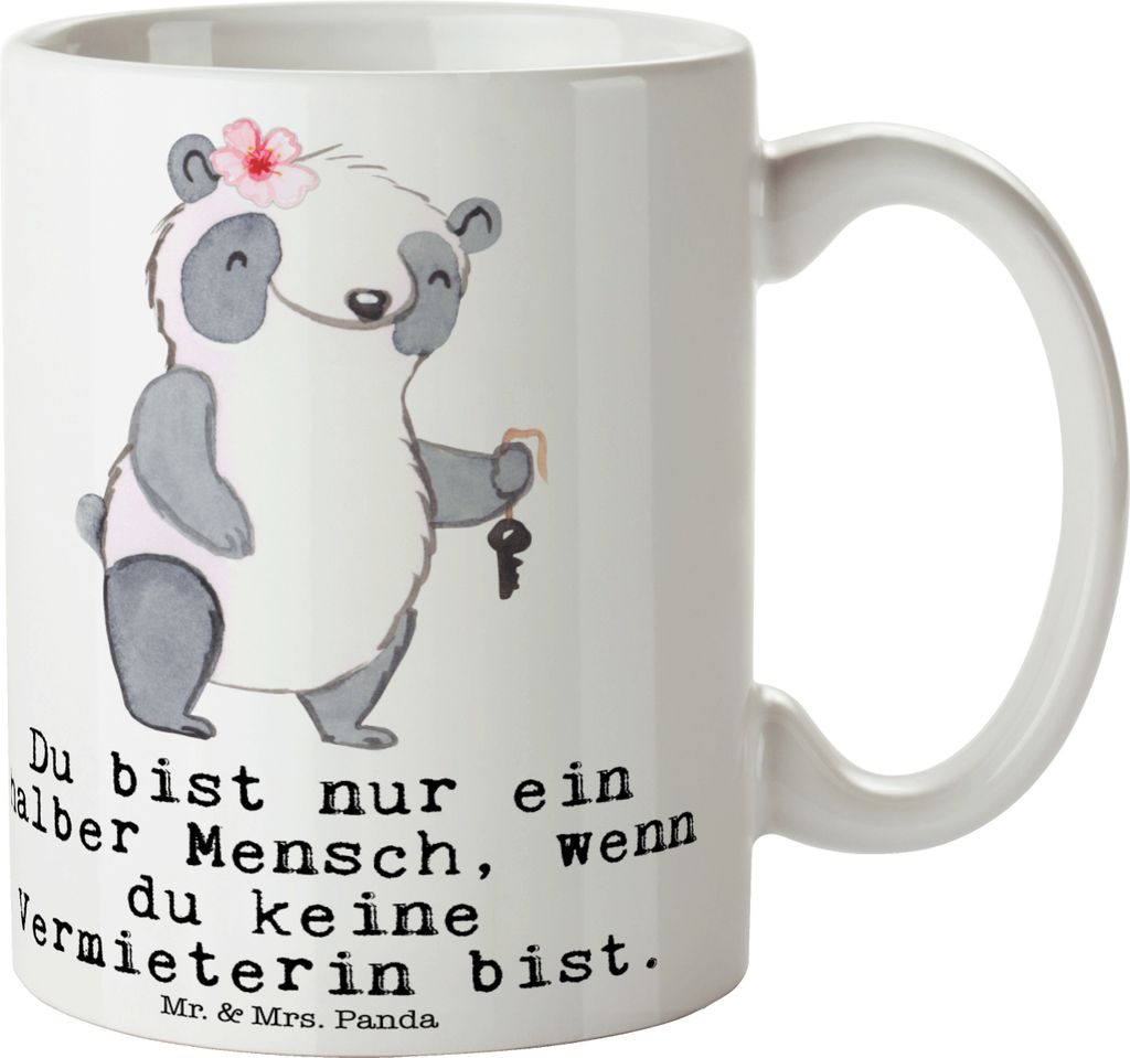 Mr. & Mrs. Panda Tasse Vermieterin Herz - Weiß - Geschenk, Pott, Geschenktasse, Kaffeebecher, haferl, Teetasse