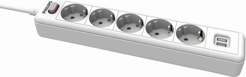Multiprise Philips SPN3052WB/10 à 5 prises 230V Blanc avec Ports USB