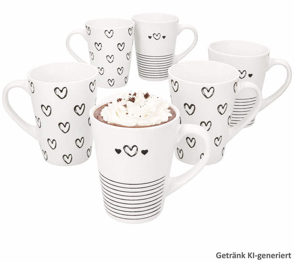 6er Set Cupid Kaffeebecher 250ml Porzellan schwarz-weiß Herz Streifen