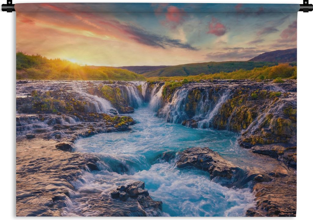 MuchoWow Wandteppich Wandbehang Wasserfall - Pflanzen - Moos - Landschaft - Sonnenuntergang - Fels 150x112.50 cm Tapisserie Dekoration Wandtuch -...