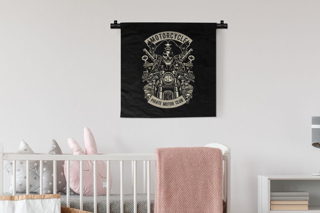 MuchoWow Wandteppich Wandbehang Motor - Skelett - Pirat - Vintage 60x60 cm Tapisserie Dekoration Wandtuch - Dekorationen - Wand Decke