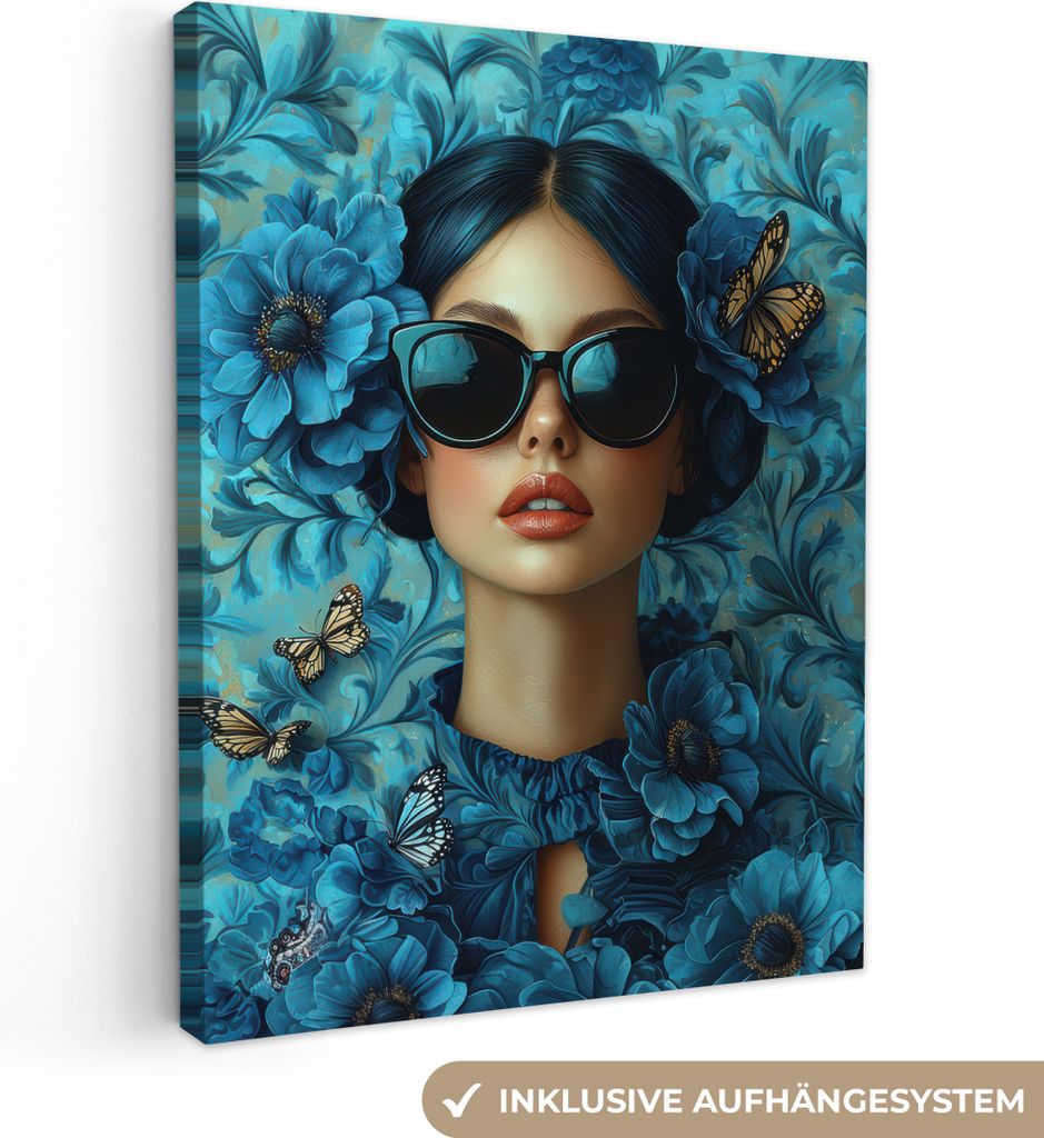 Leinwand Bilder 30x40 cm - Frauen, Abstrakt - Blumen - Orange - Blau, Wandbilder, Wanddeko Wohnzimmer, Bild