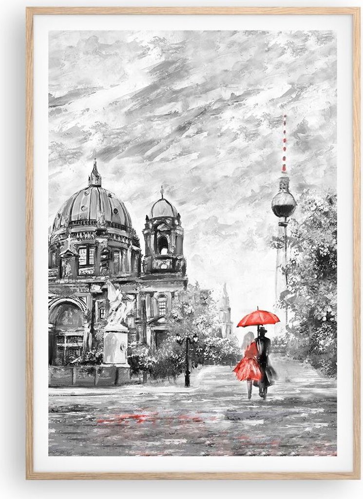 Gerahmtes Poster - Rahmen in heller Eiche - Dom Berlin Liebespaar - 70x100 cm - Wand Bild - Wanddeko - Wandbilder - Wandposter - Bilderrahmen - Bil...