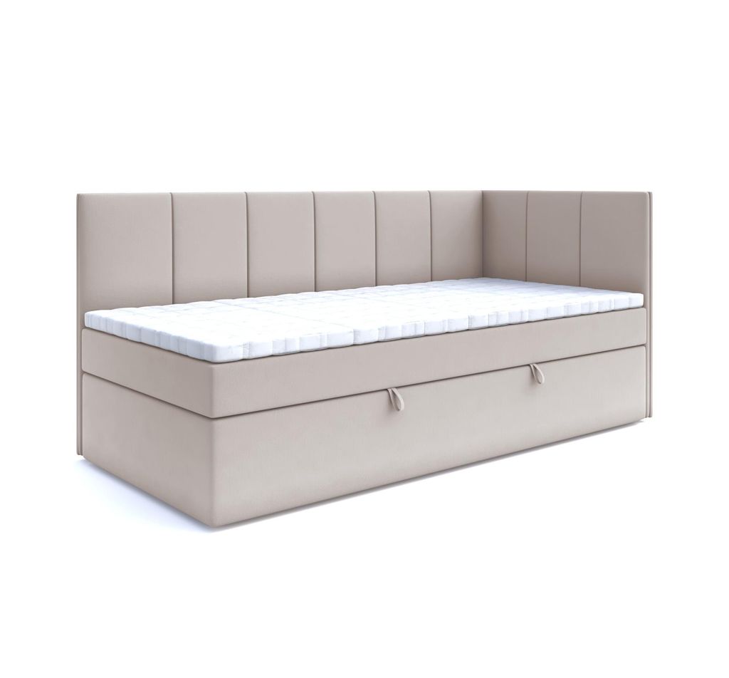 A beige upholstered bed with a mattress and a headboard, shown against a white background.