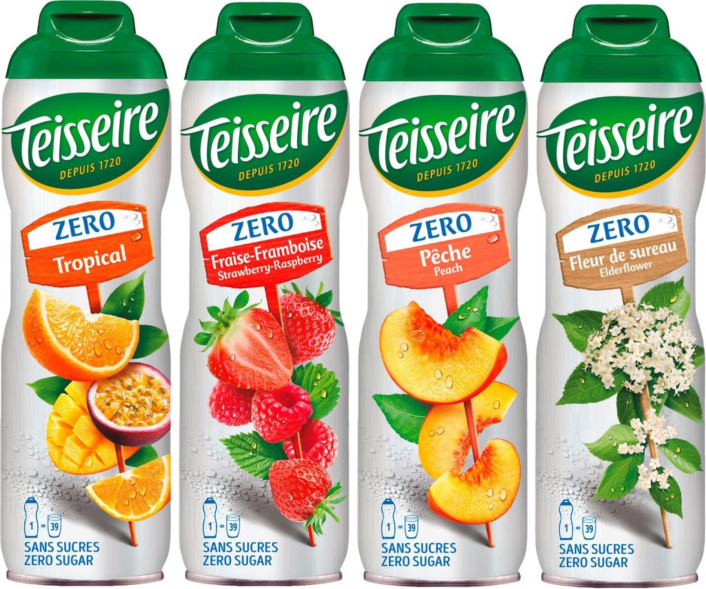 Teisseire Sirup Zero Holunderblüte, Pfirsich, Erdeere-Himbeer, Tropical je 600ml