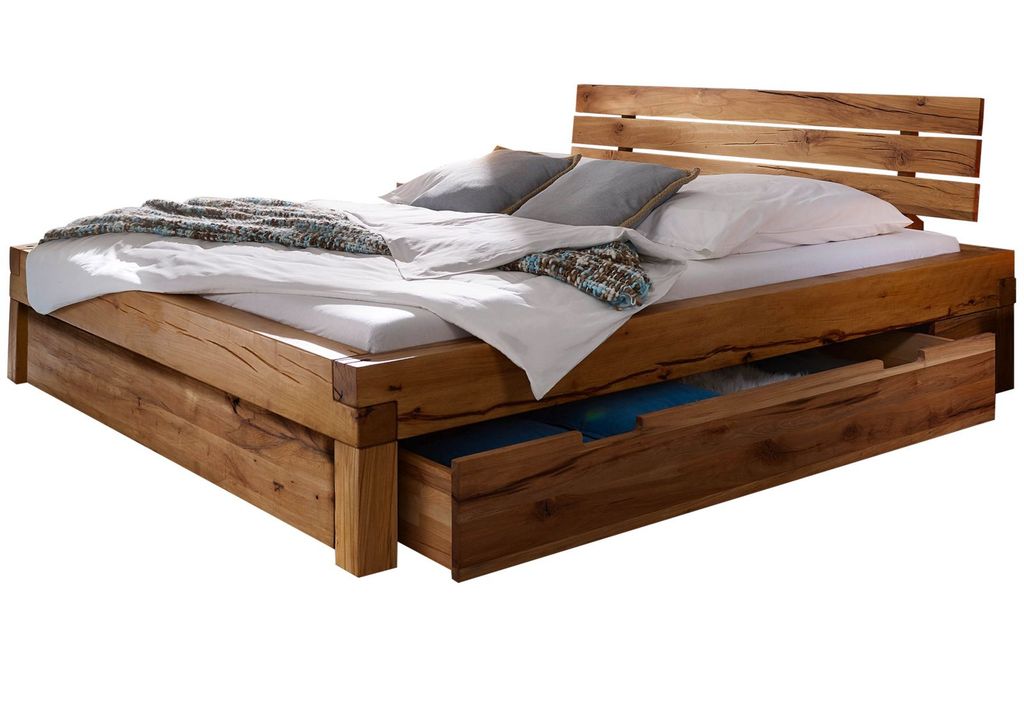 MASSIVMOEBEL24 Balkenbett Balkeneiche 180x200x85 natur geölt KRAKAU #403