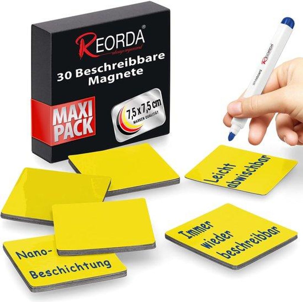 Beschriftbare Notizen-Magnetstreifen - 30 editierbare Streifen - 7,5 x 7,5 cm (gelb) - Markierbare Magneten für Visualisierungstafeln, Kanban-Plat...