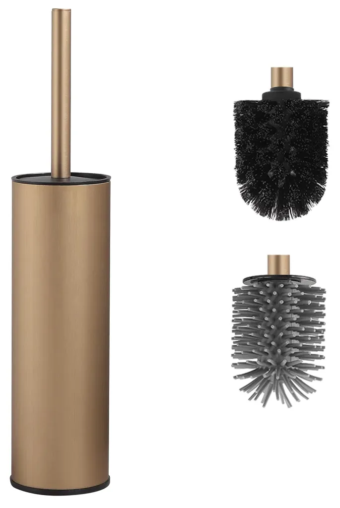Brosse de WC sur pied double tête silicone Or brossé pour nettoyage profond