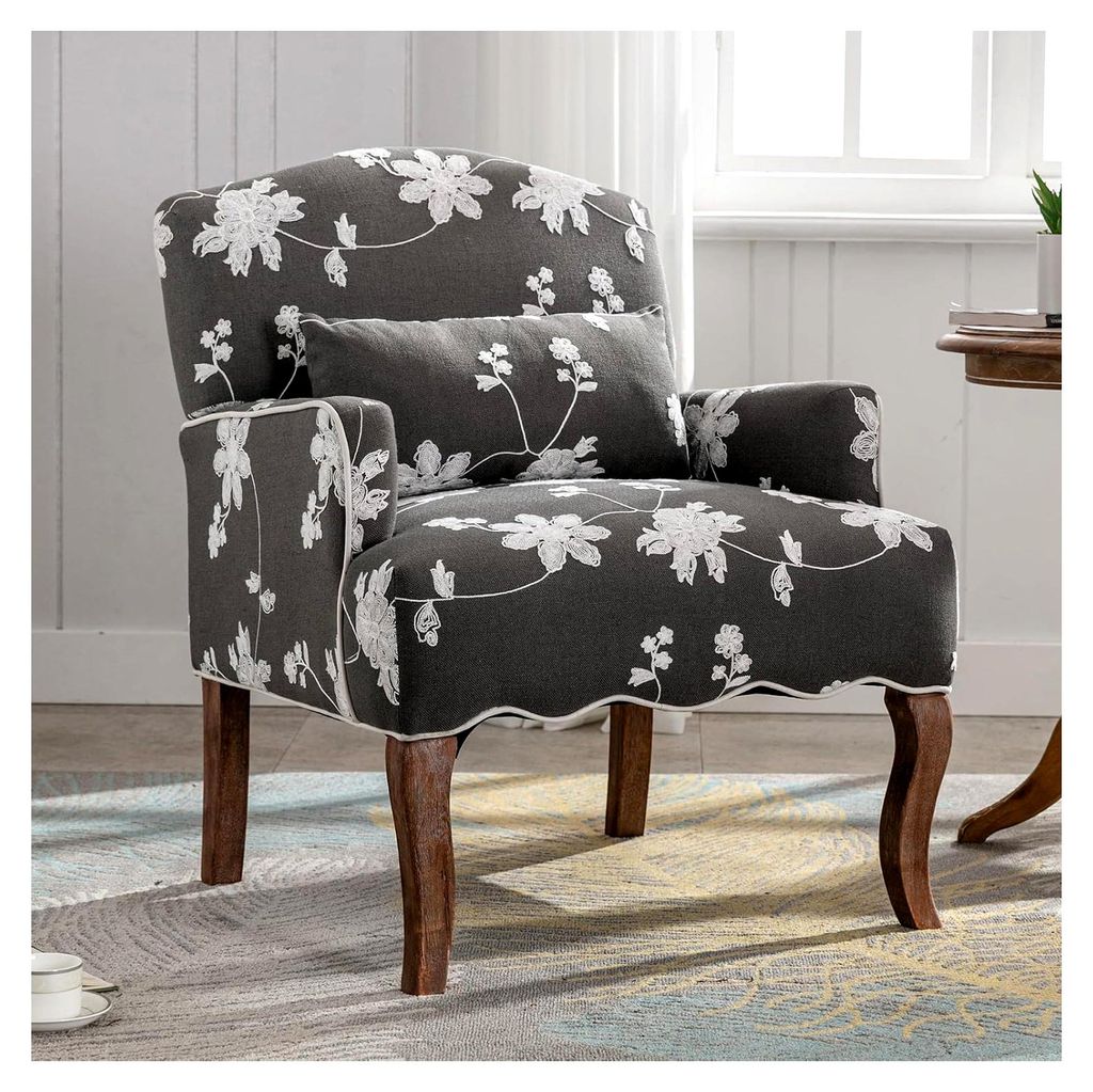 Vintage Sessel mit Armlehne, Polstersessel mit Holzbeinen und Blumenmuster für Wohnzimmer und Schlafzimmer, Grau