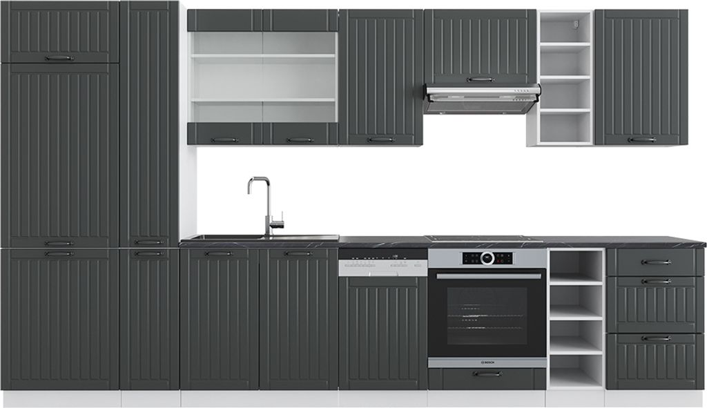 Küchenzeile Vicco Fame-Line Anthrazit Landhaus/Weiß 355 cm mit Hochschrank, ohne Arbeitsplatte, Model 39619