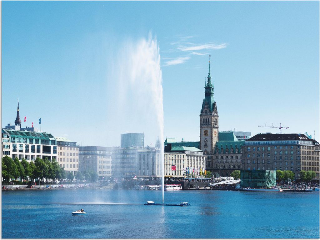 ARTland Wandbild Alu für Innen & Outdoor Hamburg Alsterfontäne mit Rathaus Größe: 80x60 cm