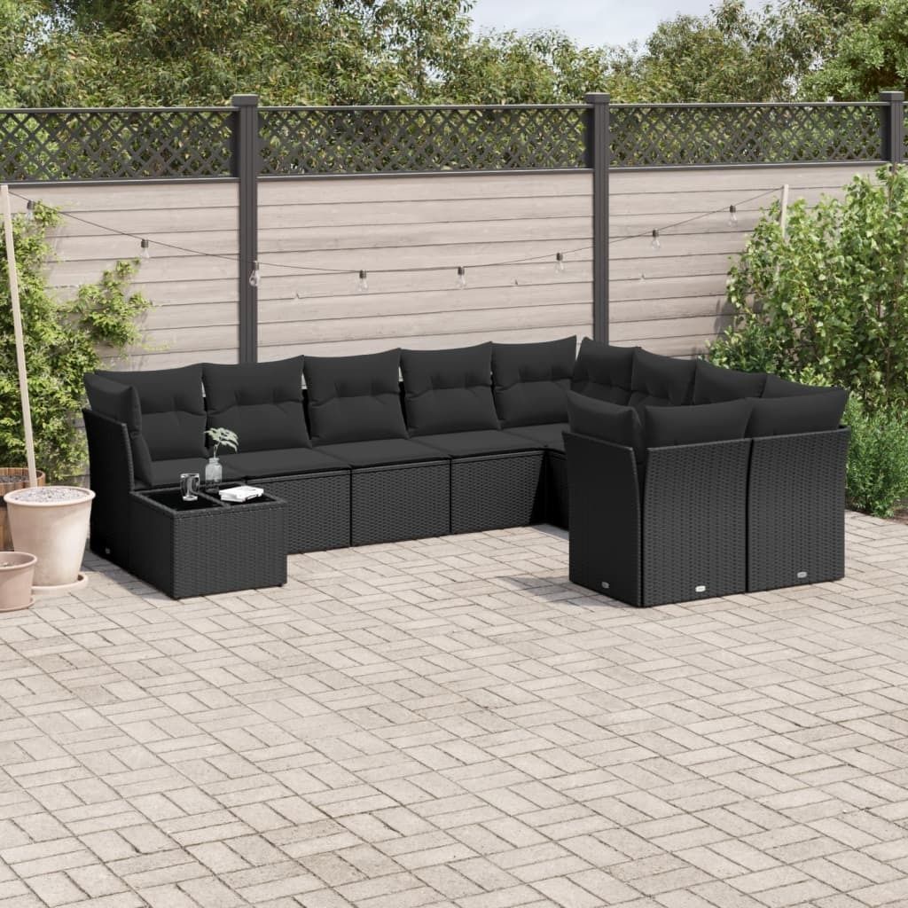 Schlichtes 10-tlg. Garten-Sofagarnitur,Lounge-Gartenmöbel, Gartensofa Set mit Kissen Schwarz Poly Rattan DE4939