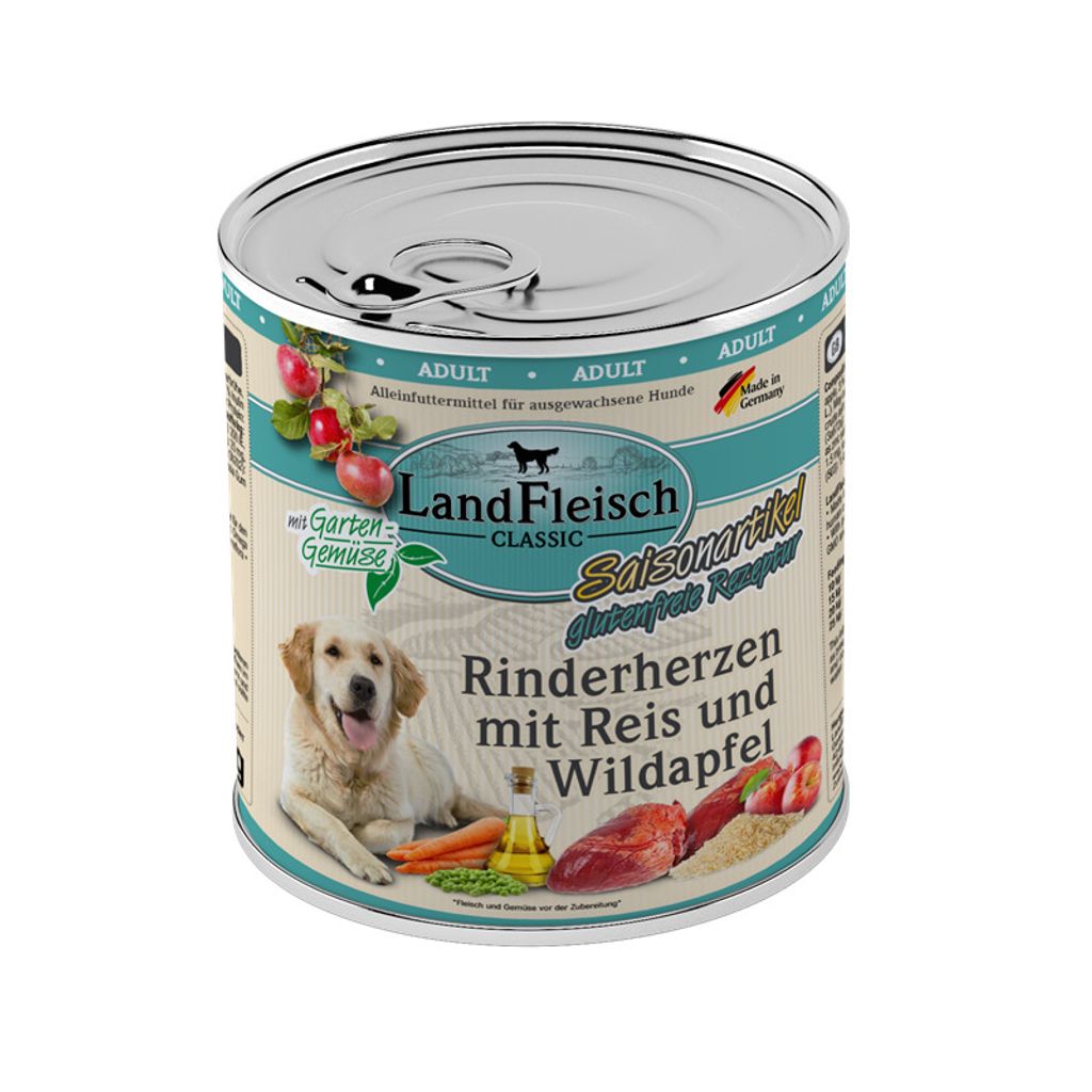 LandFleisch Dog Classic 6x800g | Rinderherzen mit Reis, Wildapfel und Gartengemüse