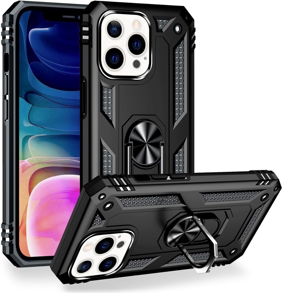 NALIA Ring Hülle für iPhone 13 Pro Max, Hard Case mit TPU Silikon Bumper Cover Schwarz