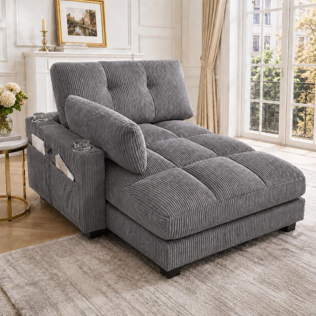 Samt Sessel mit USB Ladefunktion Loungesessel Retro Fernsehsessel Gestreift Relaxsessel mit Getränkehalter Seitentasche Polstersessel Kissen Grau